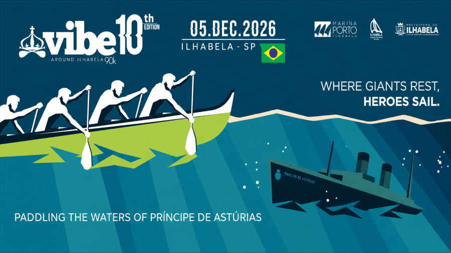 Banner for Vibe 10th edition in Ilhabela: rowers paddling a long boat on blue waves with event date and logos nearby.
