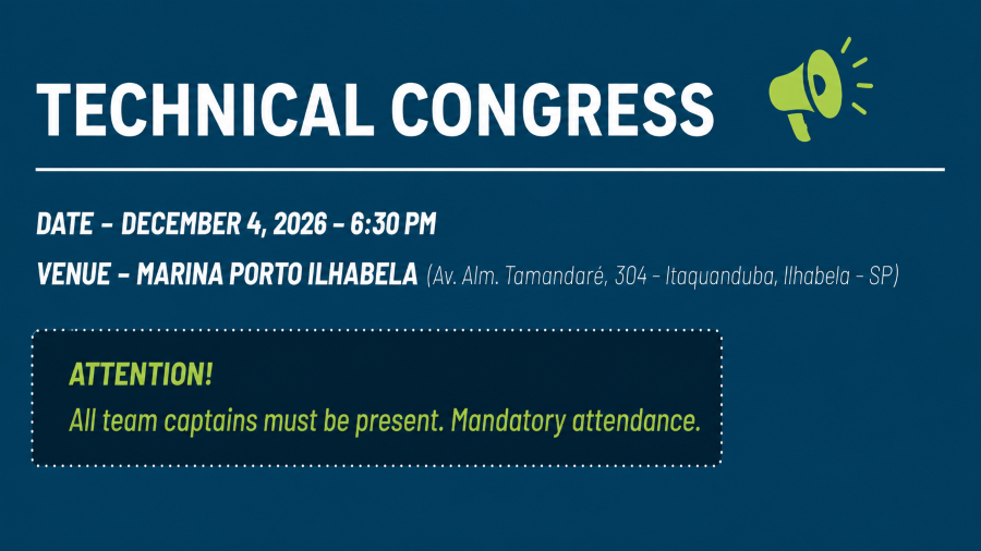 Poster for Technical Congress with date December 4, 2026, 6:30 PM and venue Marina Porto Ilhabela (Av. Alm. Tamandaré, 304 – Itaquanduba, Ilhabela, SP); a dotted box highlights mandatory attendance text.