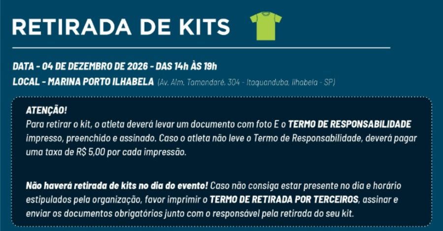 Cartaz: Retirada de Kits — 04 de dezembro de 2026, 14h–19h, Marina Porto Ilhabela, Ilhabela (SP).